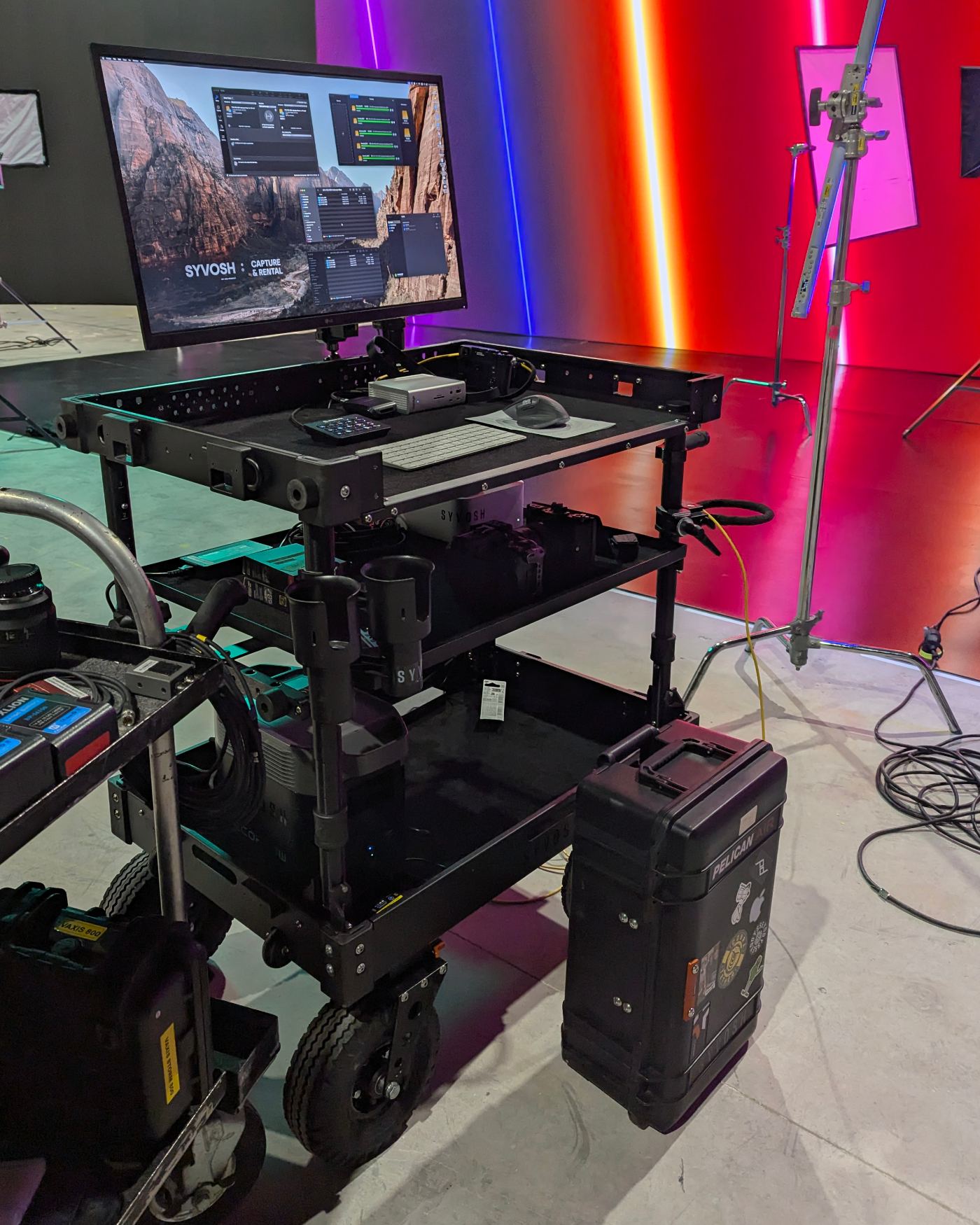 SYVOSH digital technician cart with monitor and camera gear on set